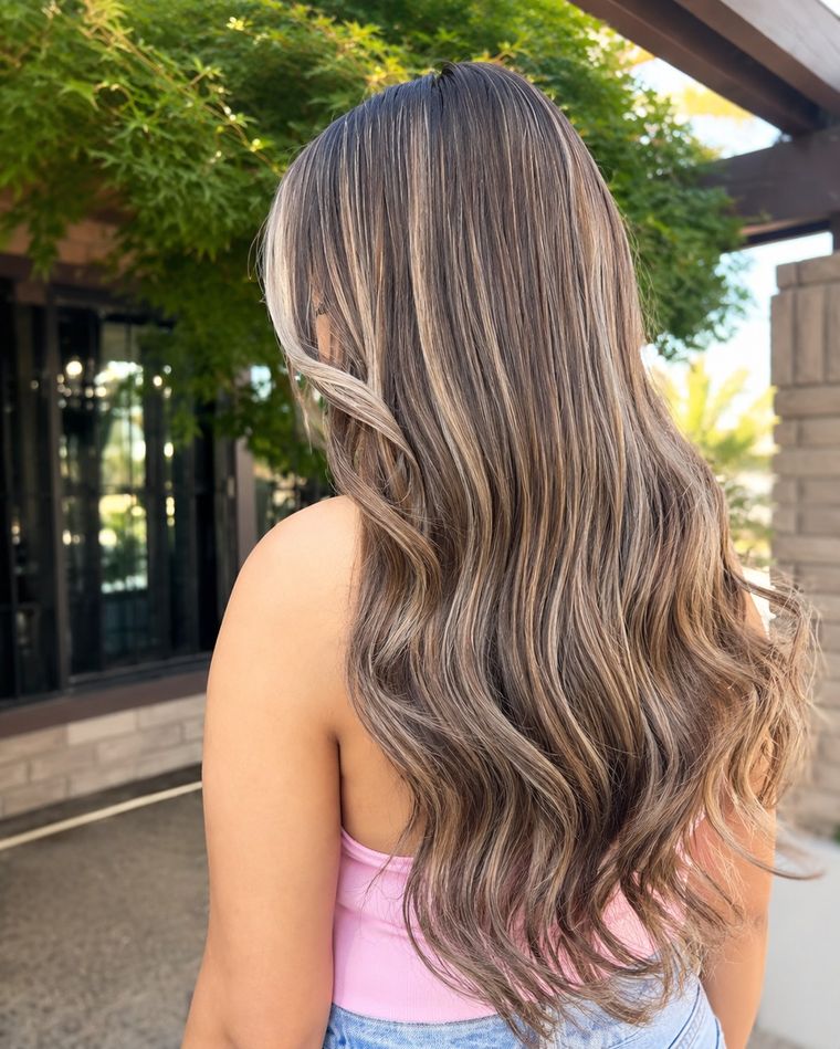Long dimensional blonde balayage with cool, lived-in roots